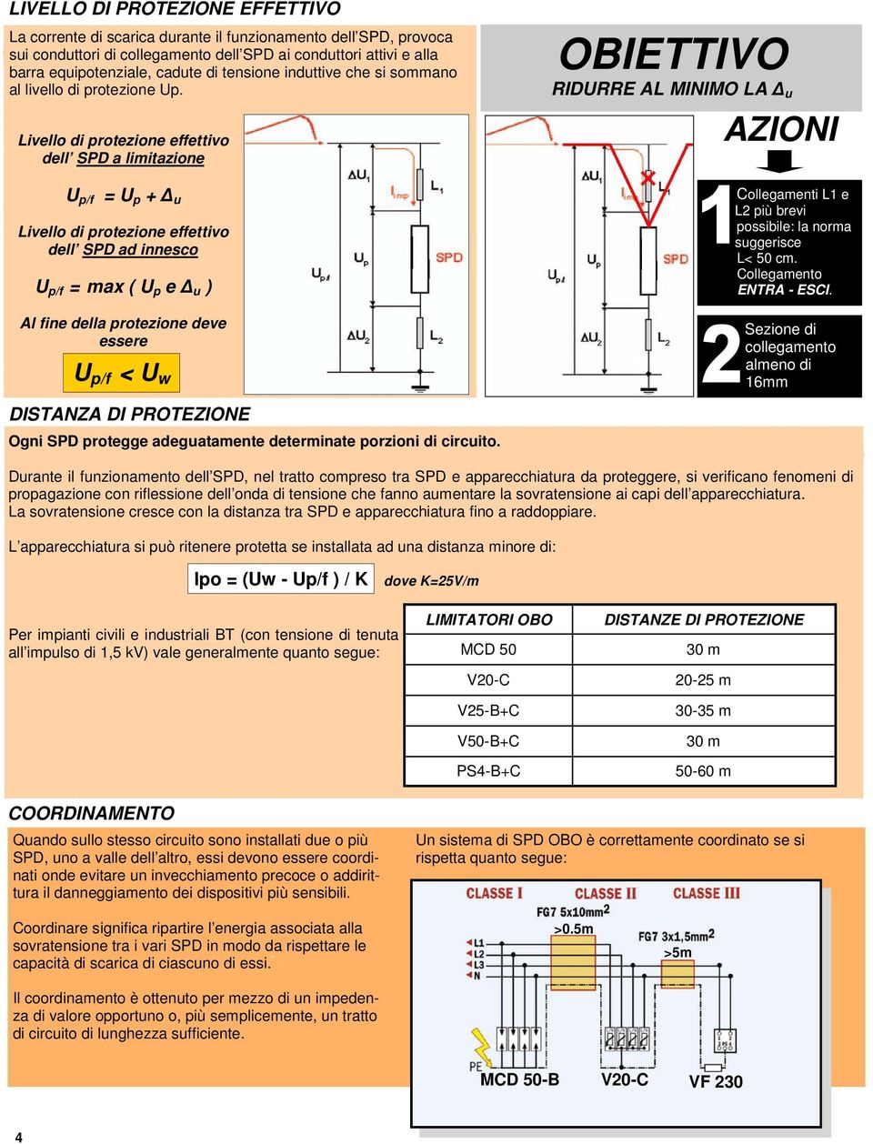 Livello di protezione effettivo dell SPD a limitazione U p/f = U p + u Livello di protezione effettivo dell SPD ad innesco U p/f = max ( U p e u ) Al fine della protezione deve essere U p/f < U w