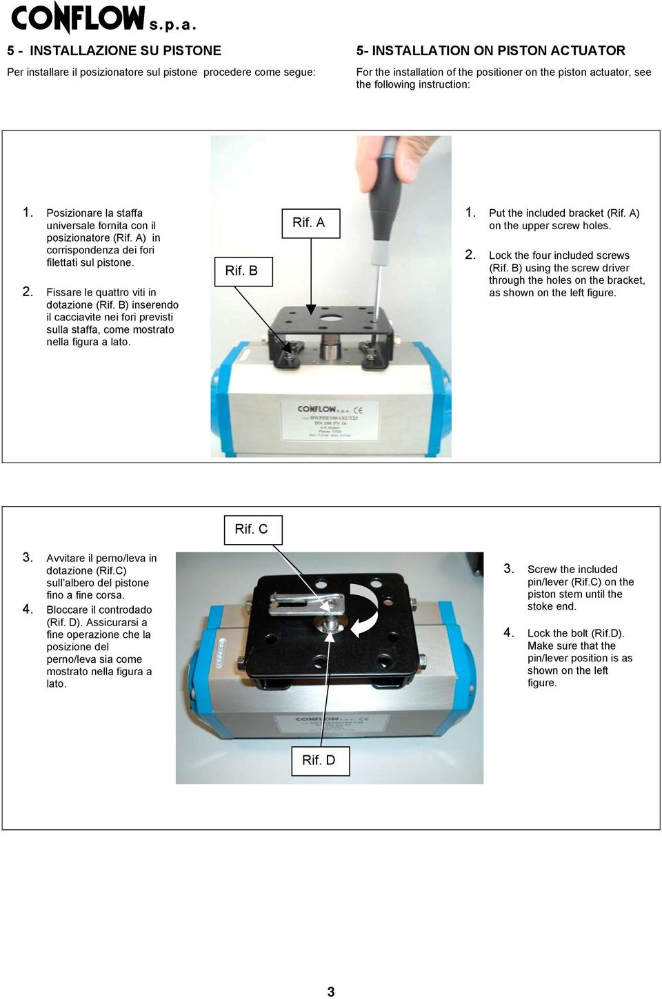 B) inserendo il cacciavite nei fori previsti sulla staffa, come mostrato nella figura a lato. Rif. B Rif. A 1. Put the included bracket (Rif. A) on the upper screw holes. 2.