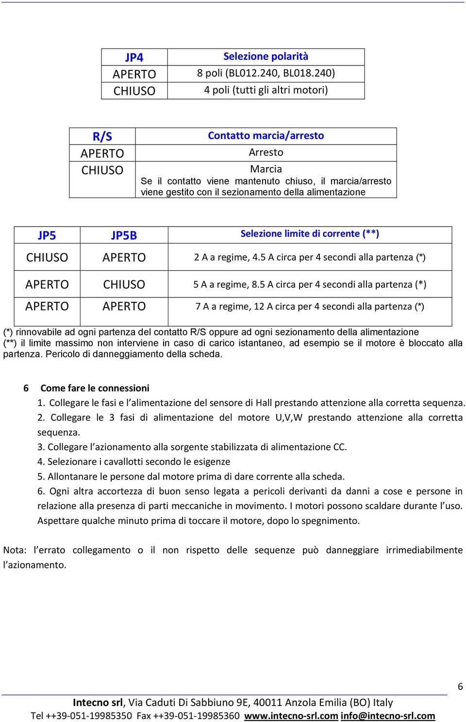 alimentazione JP5 JP5B Selezione limite di corrente (**) CHIUSO APERTO 2 A a regime, 4.5 A circa per 4 secondi alla partenza (*) APERTO CHIUSO 5 A a regime, 8.