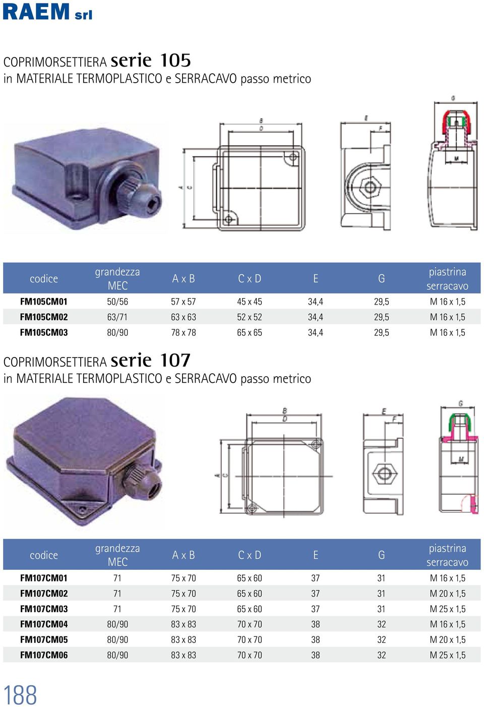 SERRACAVO passo metrico 188 A x B C x D E G piastrina serracavo FM107CM01 71 75 x 70 65 x 60 37 31 M 16 x 1,5 FM107CM02 71 75 x 70 65 x 60 37 31 M 20 x 1,5 FM107CM03 71