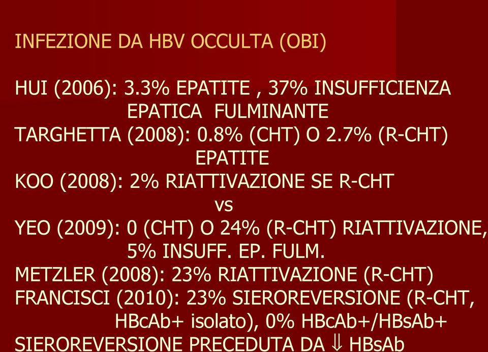 7% (R-CHT) EPATITE KOO (2008): 2% RIATTIVAZIONE SE R-CHT vs YEO (2009): 0 (CHT) O 24% (R-CHT)