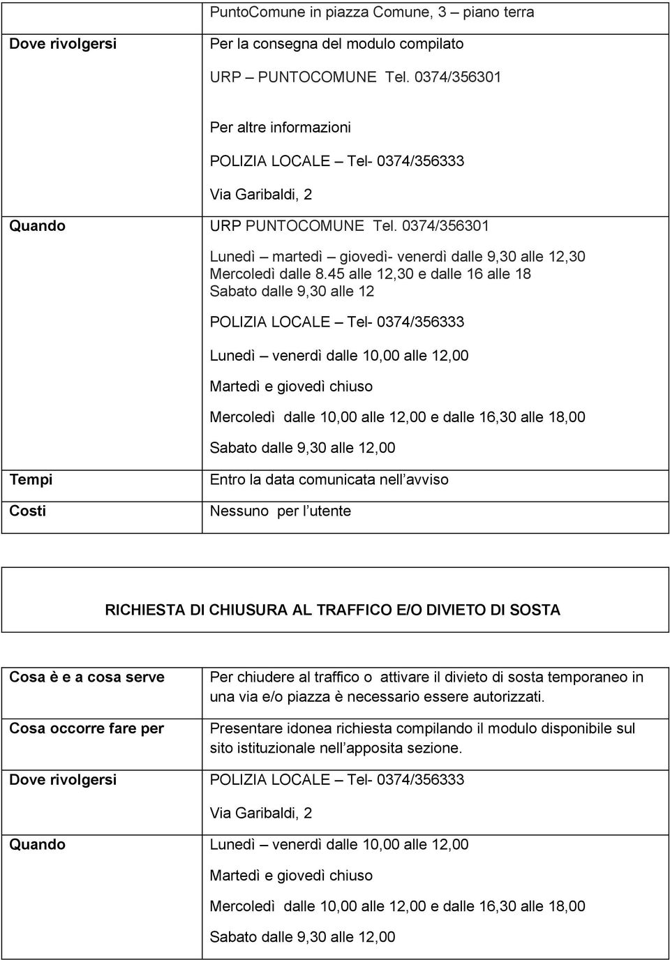 45 alle 12,30 e dalle 16 alle 18 Sabato dalle 9,30 alle 12 POLIZIA LOCALE Tel- 0374/356333 Lunedì venerdì dalle 10,00 alle 12,00 Entro la data comunicata nell avviso Nessuno per l utente