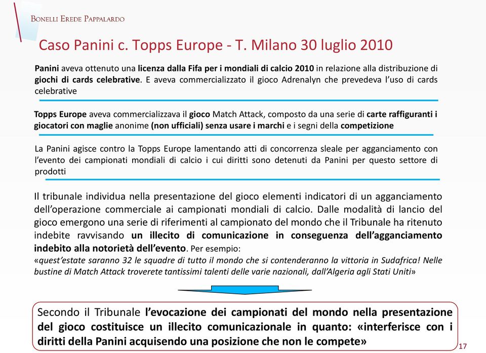 con maglie anonime (non ufficiali) senza usare i marchi e i segni della competizione La Panini agisce contro la Topps Europe lamentando atti di concorrenza sleale per agganciamento con l evento dei