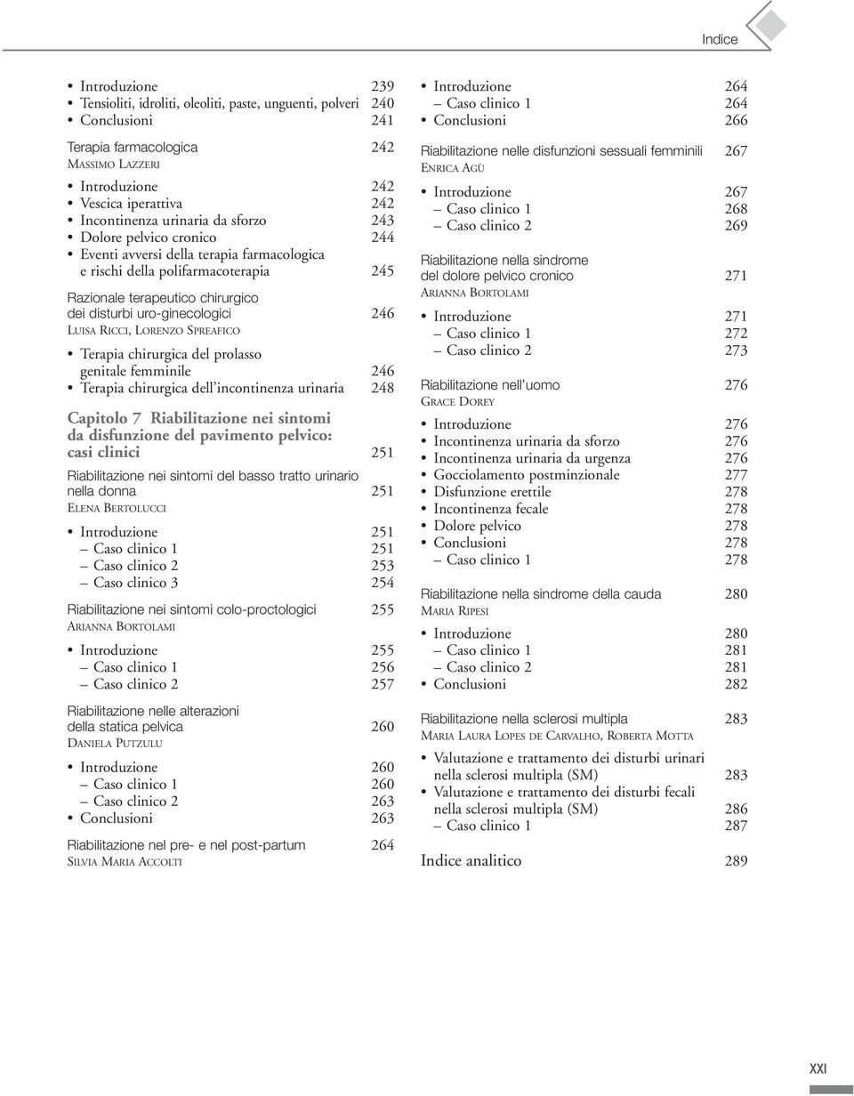 RICCI, LORENZO SPREAFICO Terapia chirurgica del prolasso genitale femminile 246 Terapia chirurgica dell incontinenza urinaria 248 Capitolo 7 Riabilitazione nei sintomi da disfunzione del pavimento