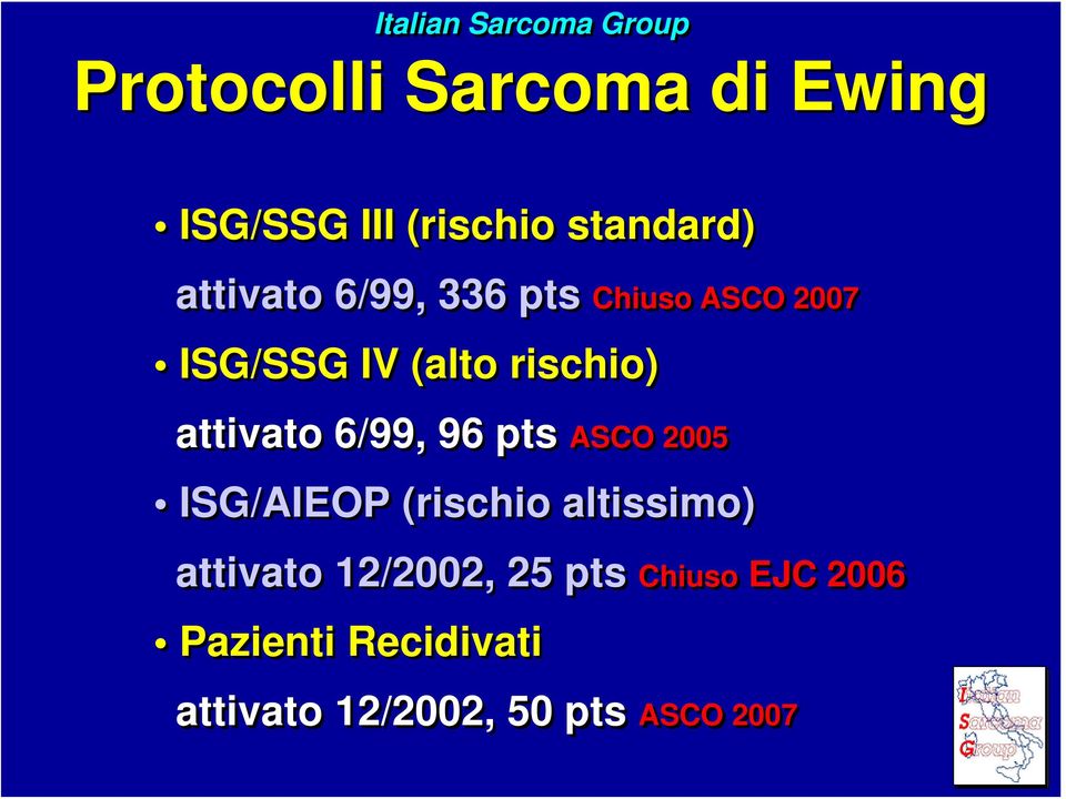 attivato 6/99, 96 pts ASCO 2005 ISG/AIEOP (rischio altissimo) attivato