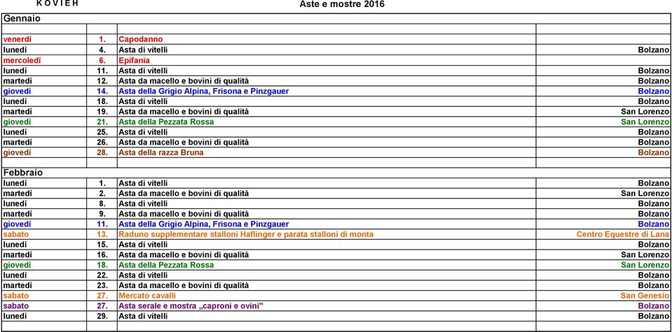 Asta da macello e bovini di qualità San Lorenzo giovedì 21. Asta della Pezzata Rossa San Lorenzo lunedì 25. Asta di vitelli Bolzano martedì 26. Asta da macello e bovini di qualità Bolzano giovedì 28.