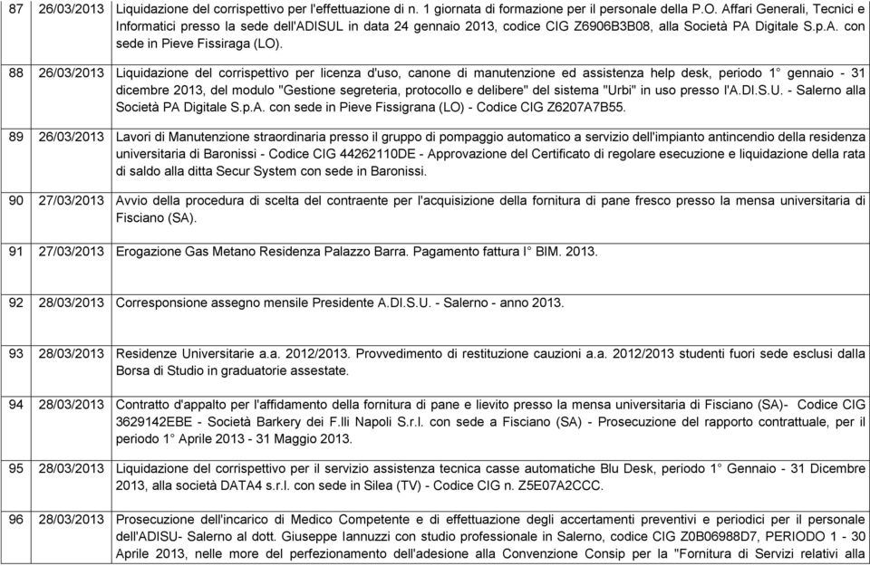 88 26/03/2013 Liquidazione del corrispettivo per licenza d'uso, canone di manutenzione ed assistenza help desk, periodo 1 gennaio - 31 dicembre 2013, del modulo "Gestione segreteria, protocollo e