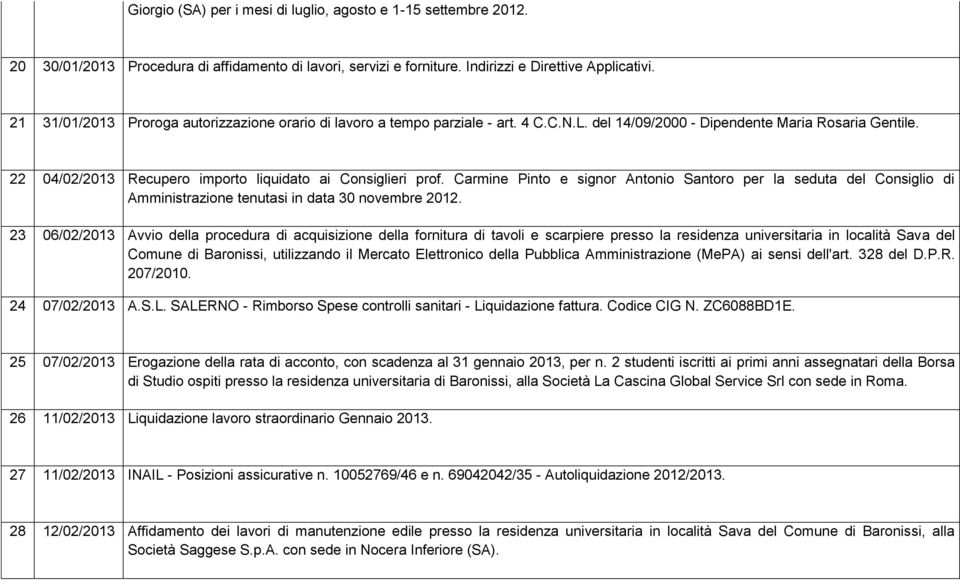 22 04/02/2013 Recupero importo liquidato ai Consiglieri prof. Carmine Pinto e signor Antonio Santoro per la seduta del Consiglio di Amministrazione tenutasi in data 30 novembre 2012.