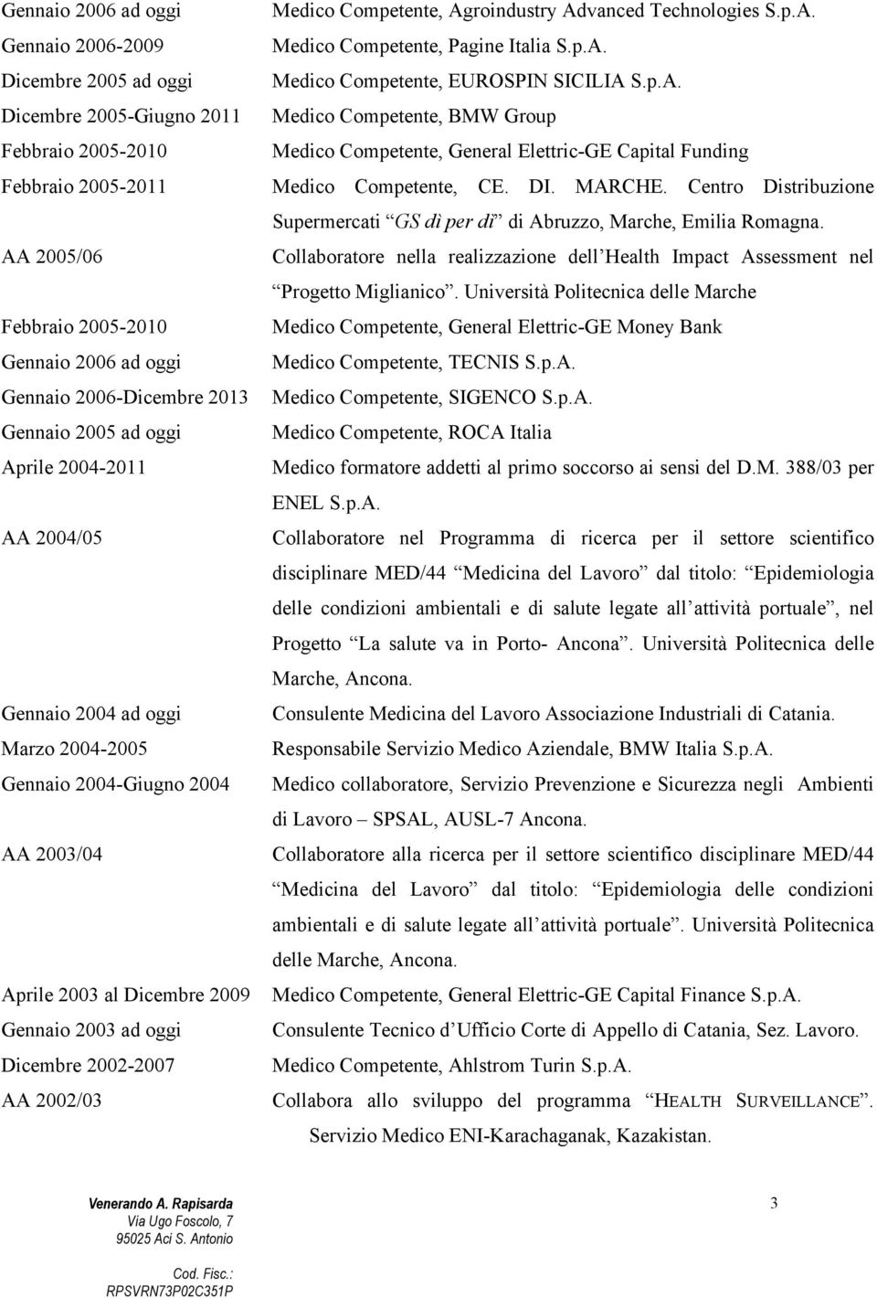 2002/03 Medico Competente, Agroindustry Advanced Technologies S.p.A. Medico Competente, Pagine Italia S.p.A. Medico Competente, EUROSPIN SICILIA S.p.A. Medico Competente, BMW Group Medico Competente, General Elettric-GE Capital Funding Medico Competente, CE.