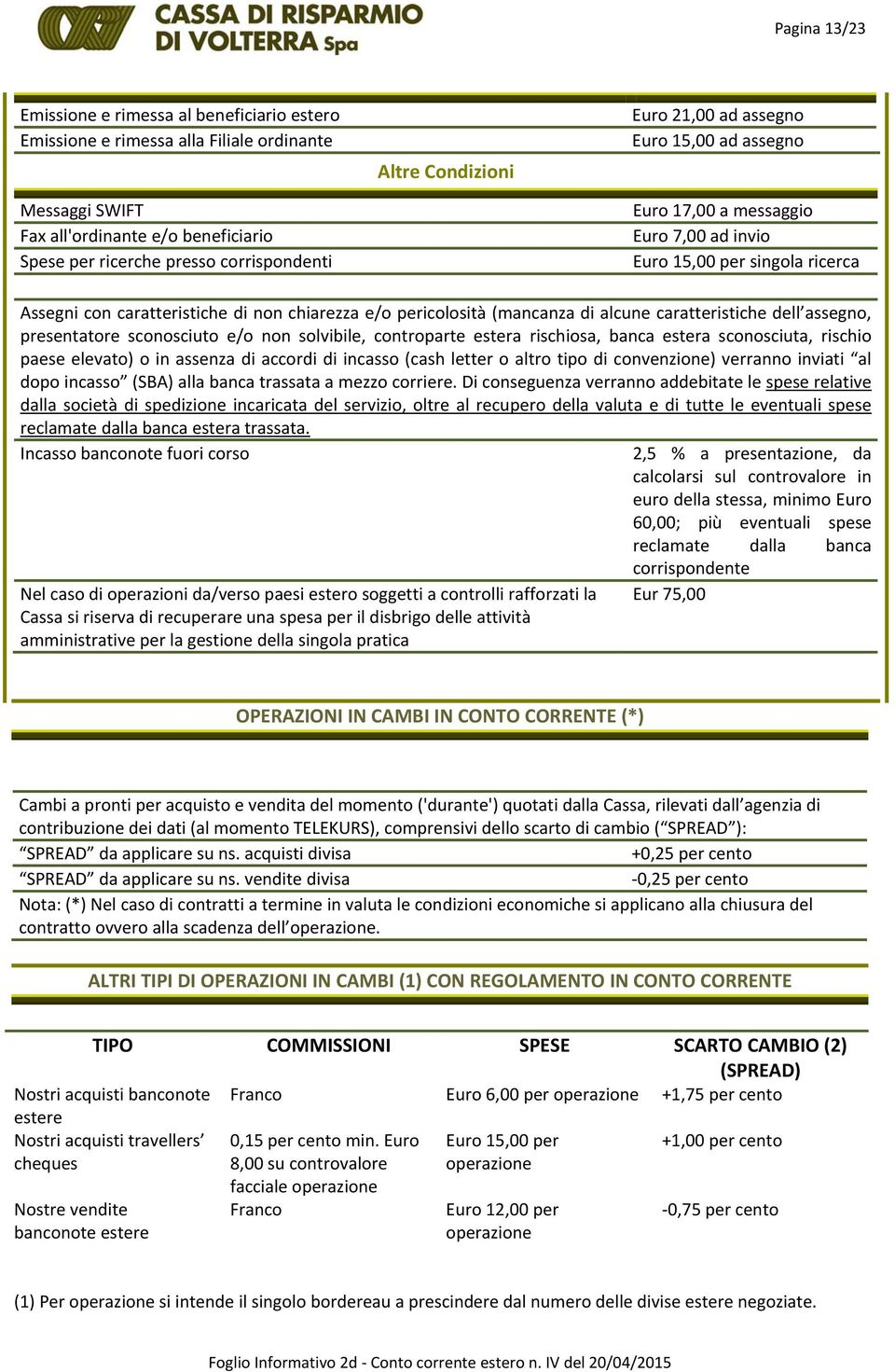 di alcune caratteristiche dell assegno, presentatore sconosciuto e/o non solvibile, controparte estera rischiosa, banca estera sconosciuta, rischio paese elevato) o in assenza di accordi di incasso