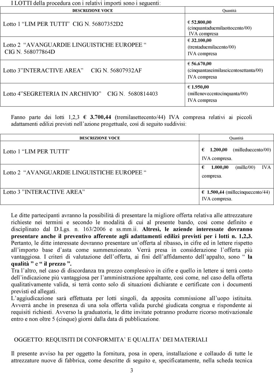 56807932AF 56.670,00 (cinquantaseimilaseicentosettanta/00) IVA compresa Lotto 4 SEGRETERIA IN ARCHIVIO CIG N. 568084403.950,00 (millenovecentocinquanta/00) IVA compresa Fanno parte dei lotti,2,3 3.