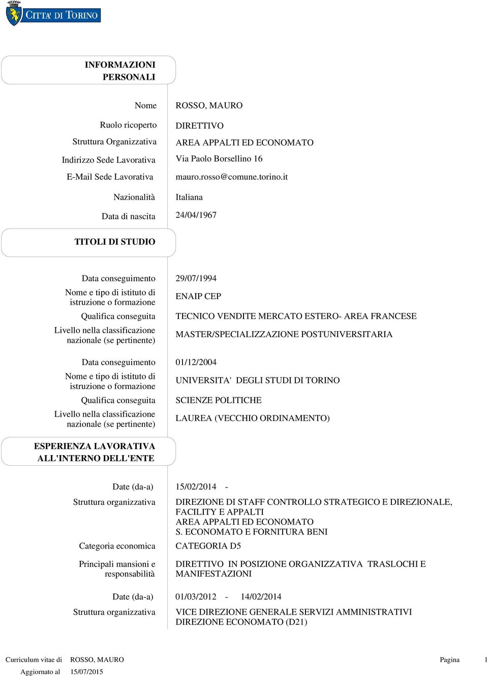 it Italiana 24/04/1967 TITOLI DI STUDIO Qualifica conseguita Livello nella classificazione nazionale (se pertinente) Qualifica conseguita Livello nella classificazione nazionale (se pertinente)