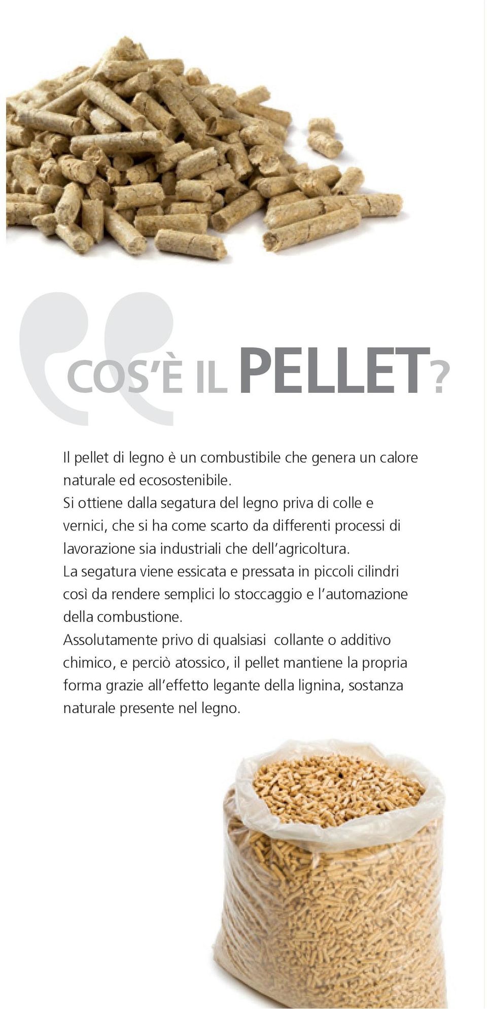 agricoltura. La segatura viene essicata e pressata in piccoli cilindri così da rendere semplici lo stoccaggio e l automazione della combustione.