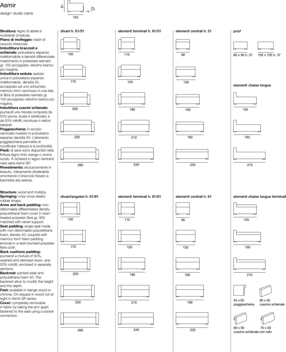 Imbottitura seduta: seduta unica in poliuretano espanso indeformabile, densità 0, accoppiato ad uno schiumato memory-form racchiuso in una tela di fibra di poliestere resinato gr.