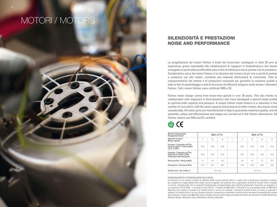 Caratteristica unica dei motori Falmec è la riduzione del numero di giri che a parità di portata e pressione con altri motori, consente una notevole diminuzione di rumorosità.