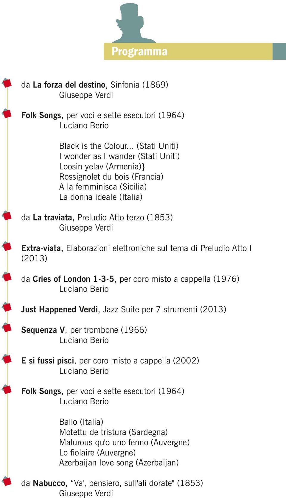 Giuseppe Verdi Extra-viata, Elaborazioni elettroniche sul tema di Preludio Atto I (2013) da Cries of London 1-3-5, per coro misto a cappella (1976) Luciano Berio Just Happened Verdi, Jazz Suite per 7