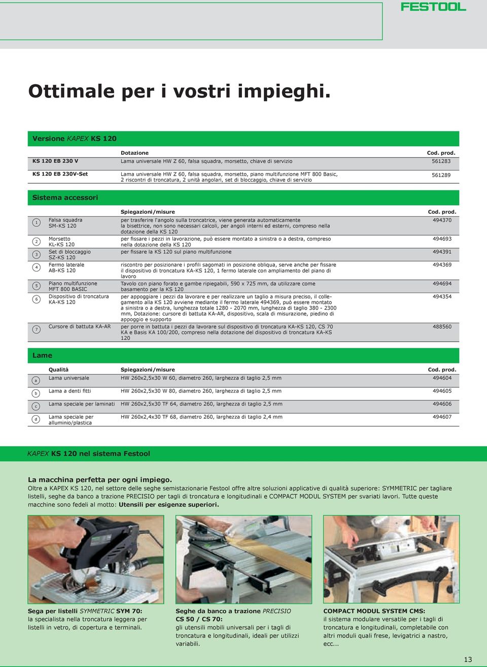 multifunzione MFT 800 Basic, 2 riscontri di troncatura, 2 unità angolari, set di bloccaggio, chiave di servizio Cod. prod.