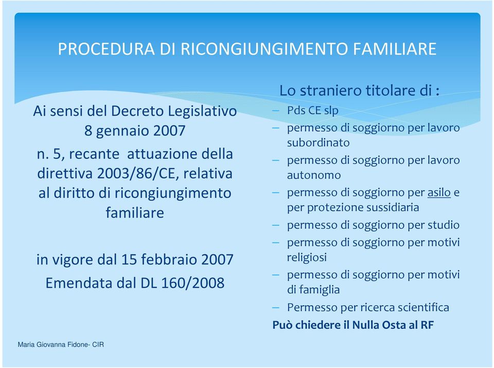 160/2008 Lo straniero titolare di : Pds CE slp permesso di soggiorno per lavoro subordinato permesso di soggiorno per lavoro autonomo permesso di