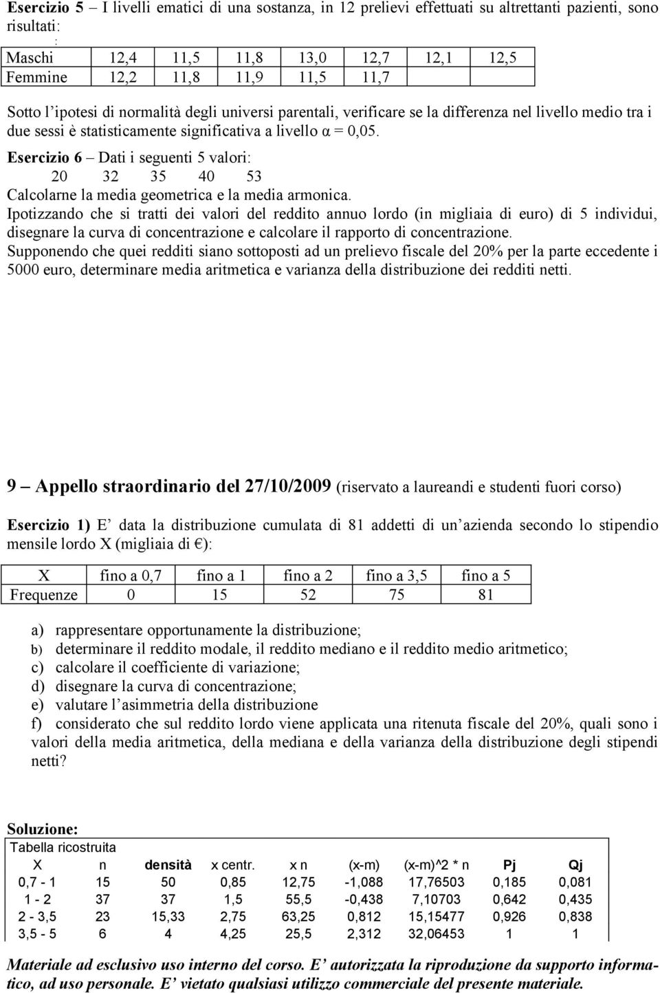 Esercizio 6 Dati i seguenti 5 valori: 20 32 35 40 53 Calcolarne la media geometrica e la media armonica.