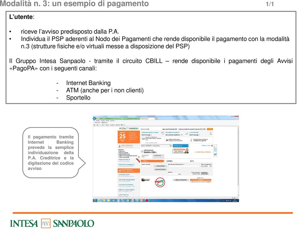 3 (strutture fisiche e/o virtuali messe a disposizione del PSP) Il Gruppo Intesa Sanpaolo - tramite il circuito CBILL rende disponibile i