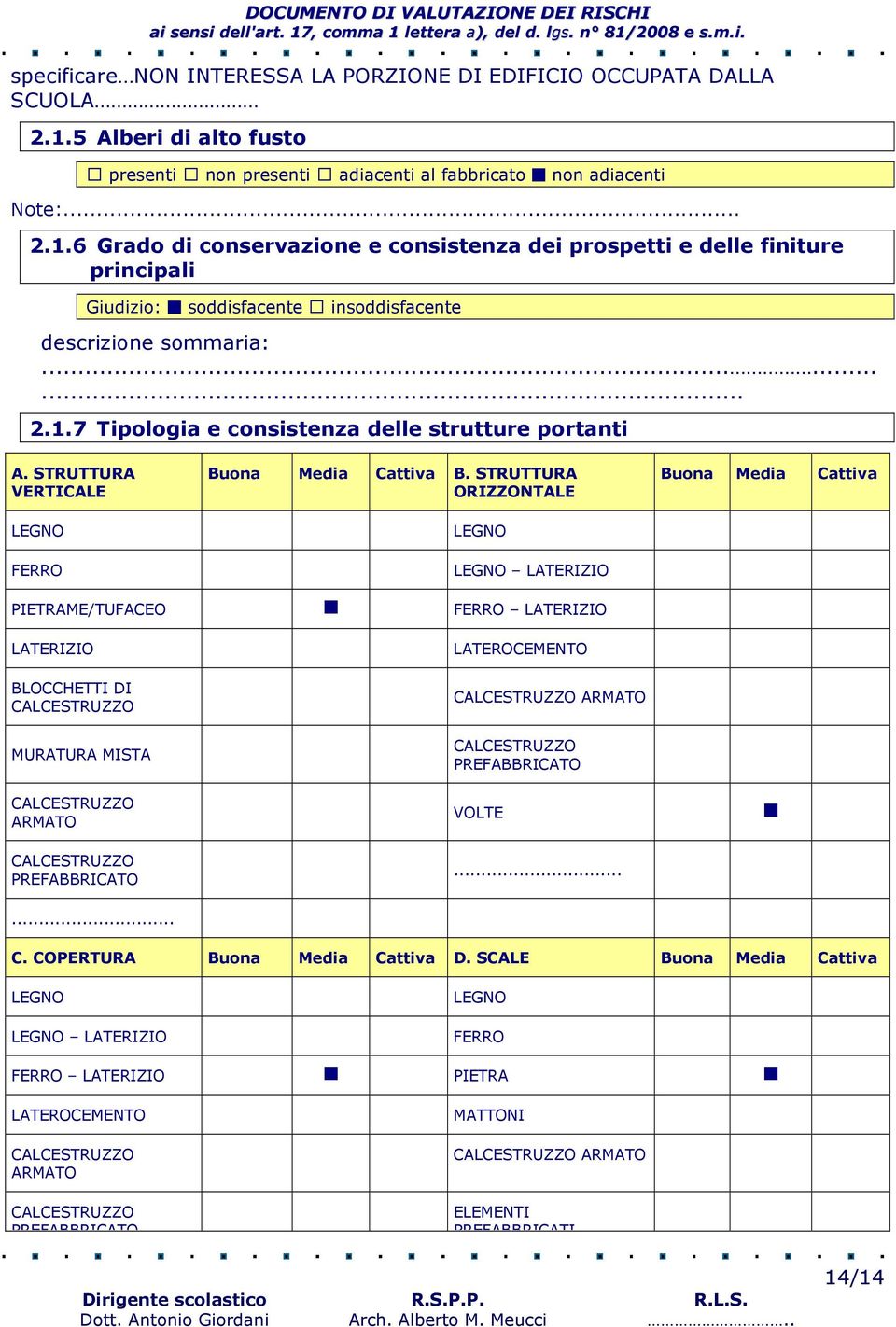 6 Grado di conservazione e consistenza dei prospetti e delle finiture principali Giudizio: soddisfacente insoddisfacente descrizione sommaria:......... 2.1.