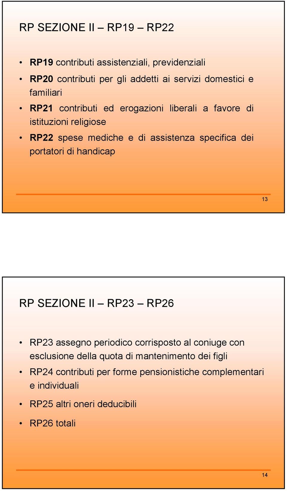 dei portatori di handicap 13 RP SEZIONE II RP23 RP26 RP23 assegno periodico corrisposto al coniuge con esclusione della quota di