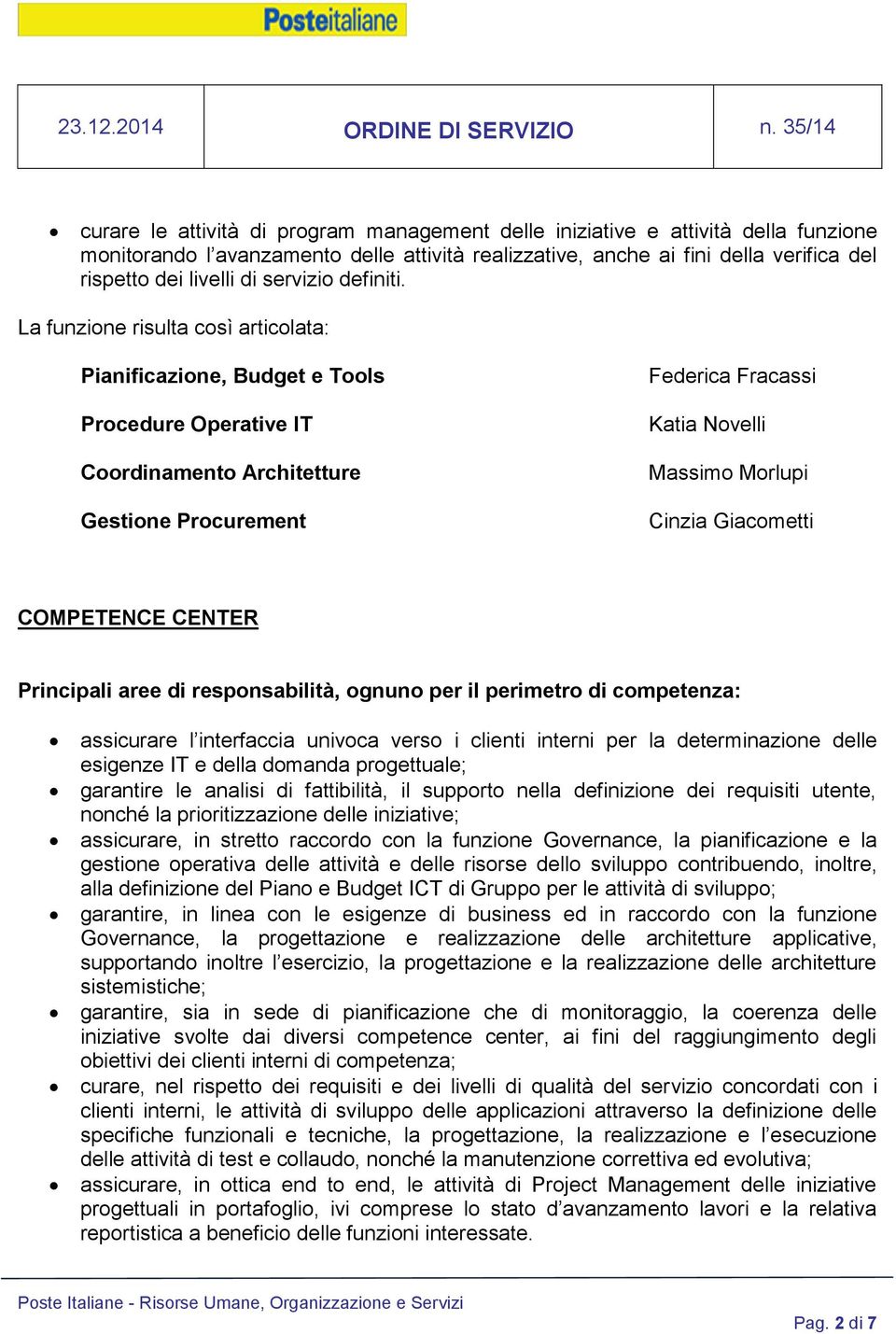 Pianificazione, Budget e Tools Procedure Operative IT Coordinamento Architetture Gestione Procurement Federica Fracassi Katia Novelli Massimo Morlupi Cinzia Giacometti COMPETENCE CENTER Principali