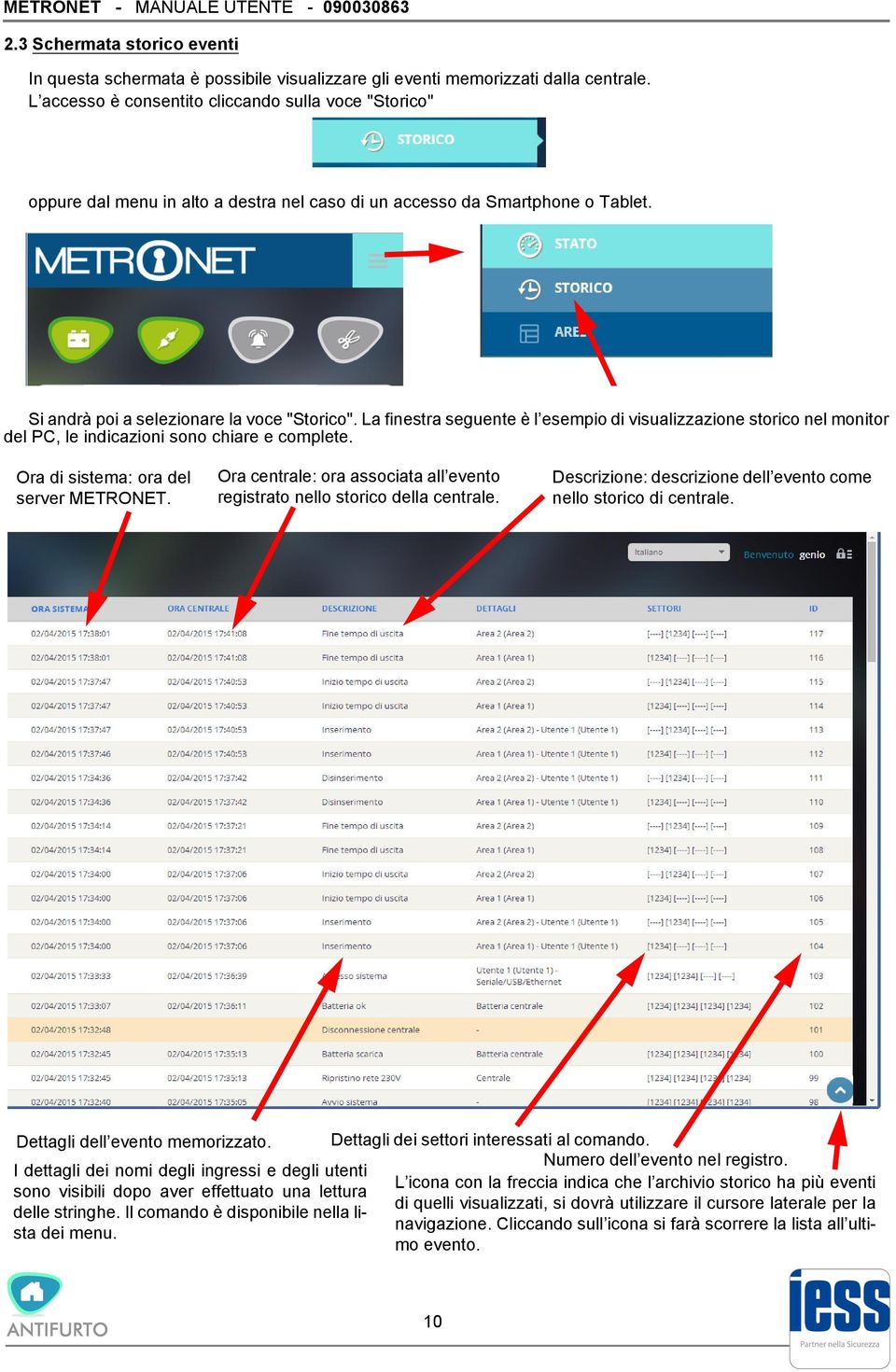 La finestra seguente è l esempio di visualizzazione storico nel monitor del PC, le indicazioni sono chiare e complete. Ora di sistema: ora del server METRONET.