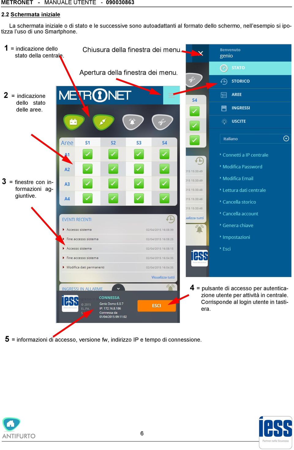 uno Smartphone. 1 = indicazione dello stato della centrale. Chiusura della finestra dei menu. Apertura della finestra dei menu.