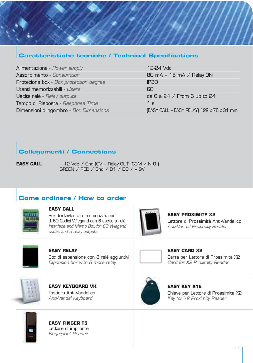 Collegamenti / Connections EASY CALL + 12 Vdc / Gnd (0V) - Relay OU