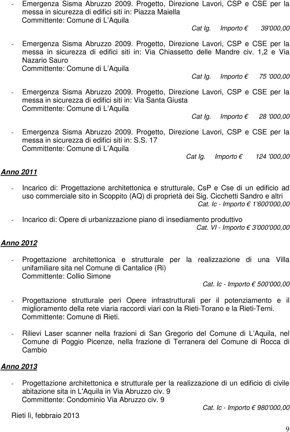 Importo 124 '000,00 Anno 2011 - Incarico di: Progettazione architettonica e strutturale, CsP e Cse di un edificio ad uso commerciale sito in Scoppito (AQ) di proprietà dei Sig.