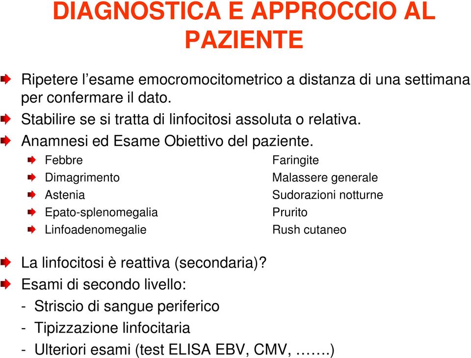 Febbre Dimagrimento Astenia Epato-splenomegalia Linfoadenomegalie La linfocitosi è reattiva (secondaria)?