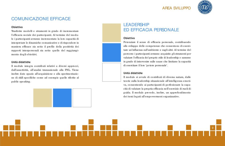 rapporti interpersonali sia sotto quello del raggiungimento degli obiettivi. Il modulo integra contributi relativi a diversi approcci, dall assertività, all analisi transazionale alla PNL.