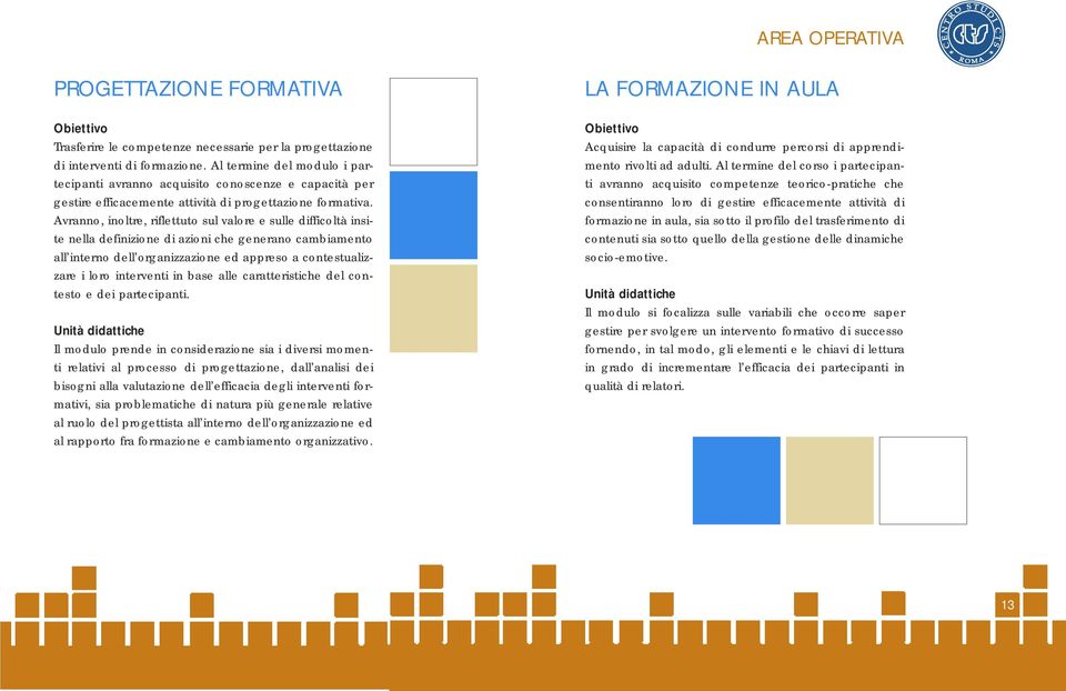 Avranno, inoltre, riflettuto sul valore e sulle difficoltà insite nella definizione di azioni che generano cambiamento all interno dell organizzazione ed appreso a contestualizzare i loro interventi