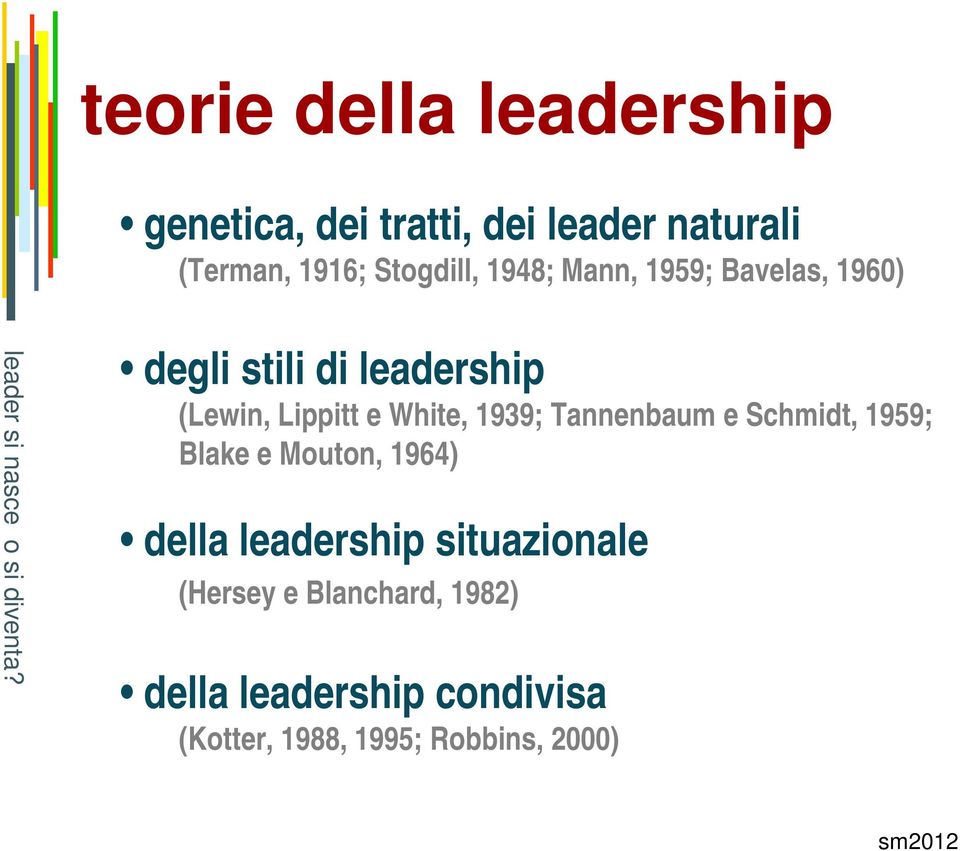 degli stili di leadership (Lewin, Lippitt e White, 1939; Tannenbaum e Schmidt, 1959; Blake e