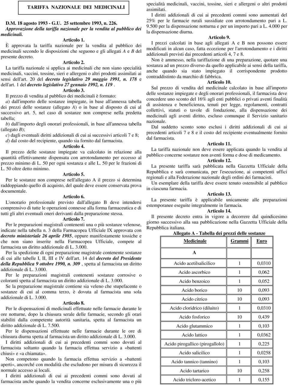 La tariffa nazionale si applica ai medicinali che non siano specialità medicinali, vaccini, tossine, sieri e allergeni o altri prodotti assimilati ai sensi dell'art.