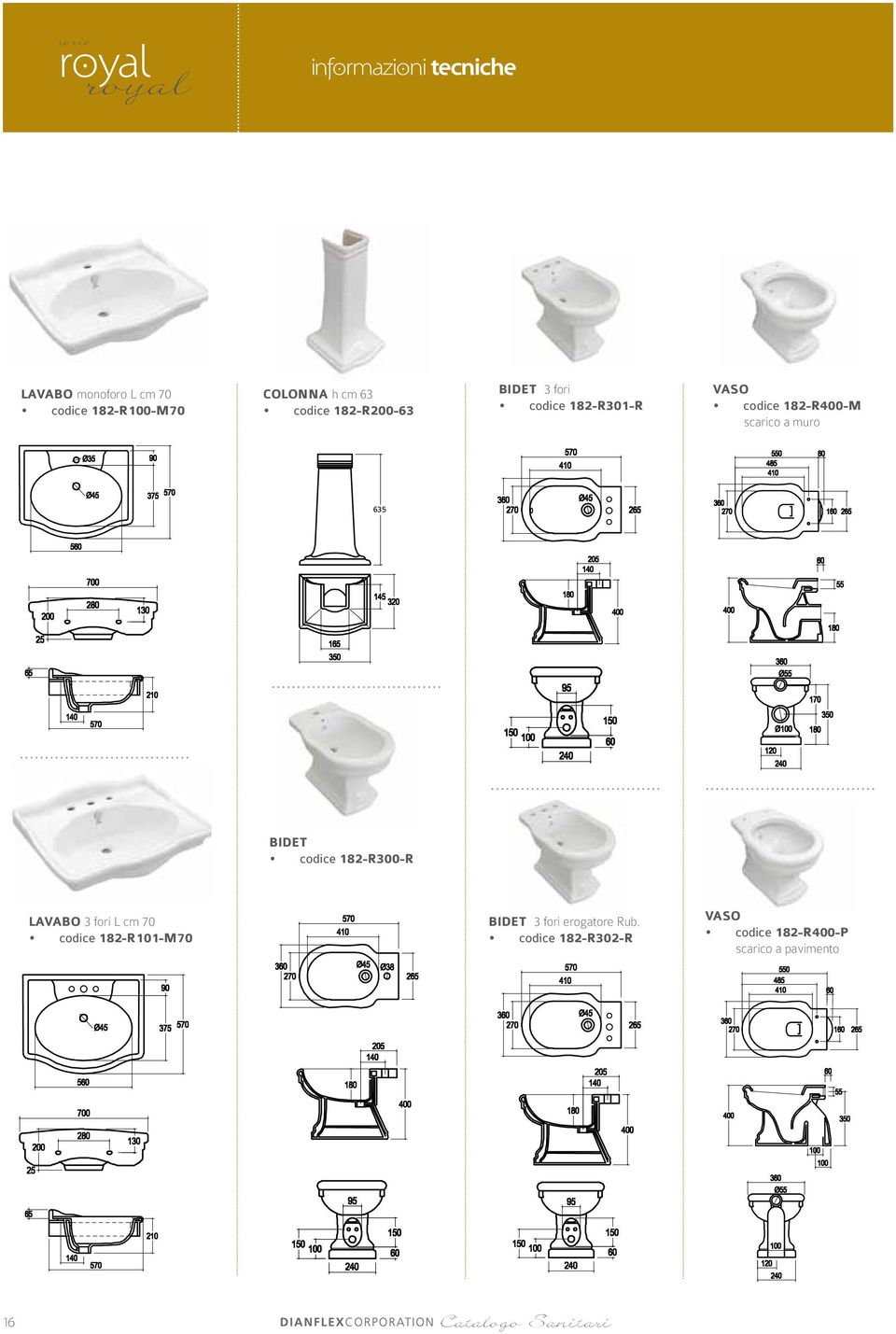 muro 635 BIDET codice 182-R300-R LAVABO 3 fori L cm 70 codice 182-R101-M70 BIDET 3 fori