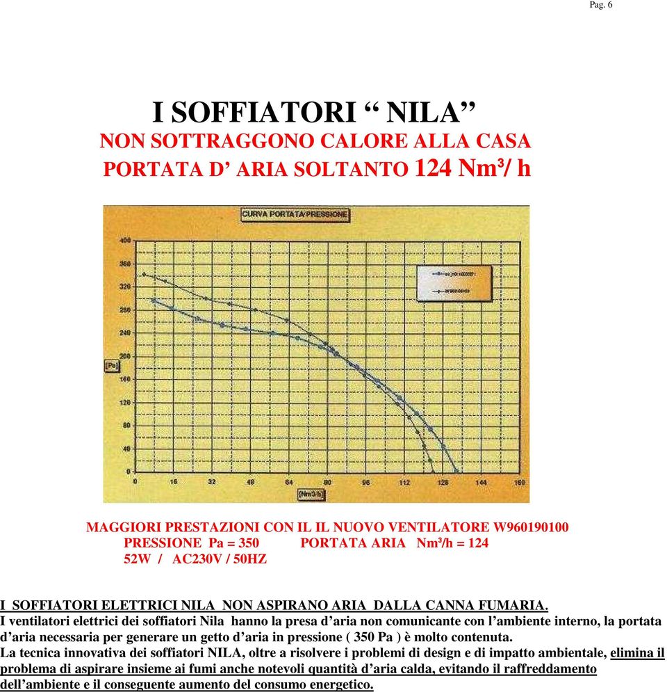 I ventilatori elettrici dei soffiatori Nila hanno la presa d aria non comunicante con l ambiente interno, la portata d aria necessaria per generare un getto d aria in pressione ( 350 Pa ) è