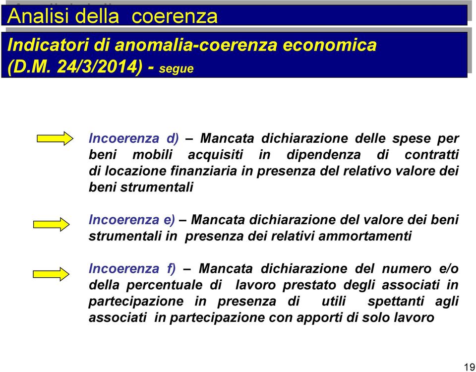 presenza del relativo valore dei beni strumentali Incoerenza e) Mancata dichiarazione del valore dei beni strumentali in presenza dei relativi