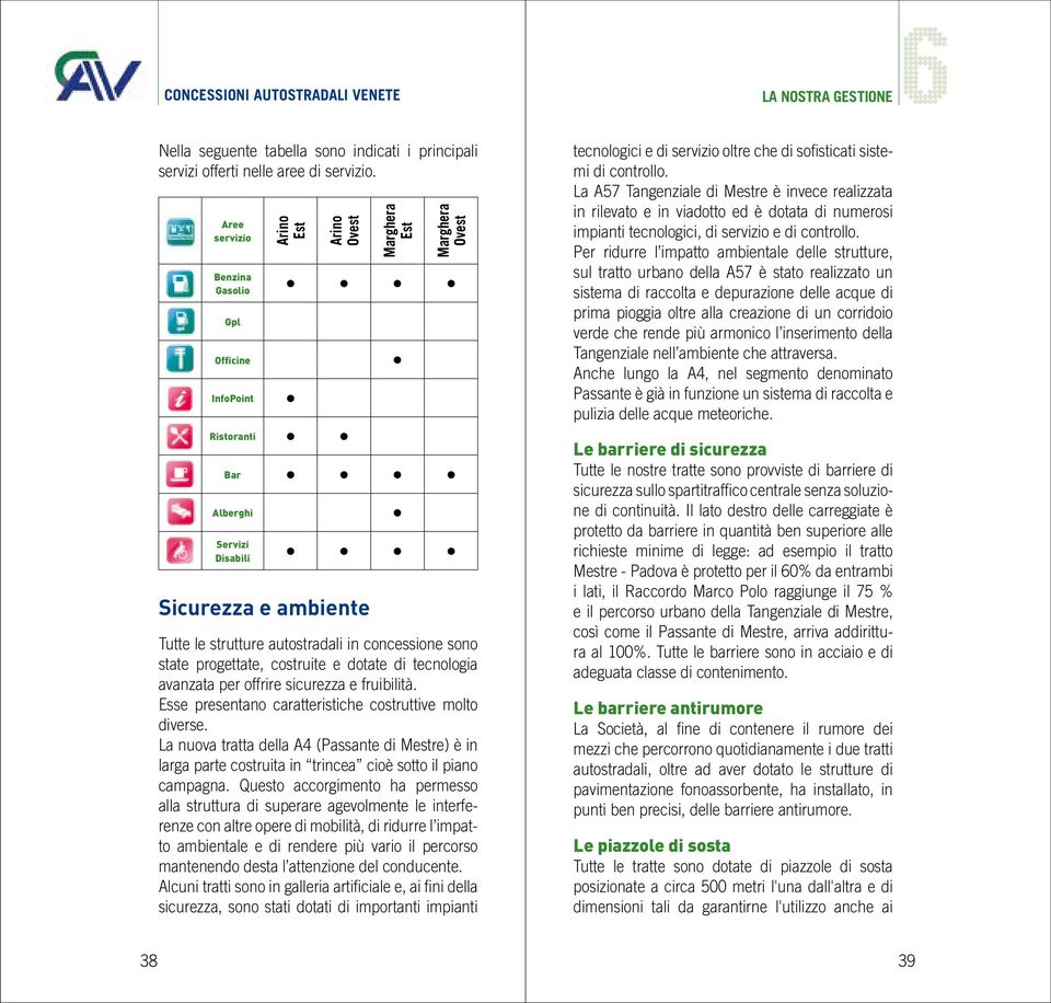 concessione sono state progettate, costruite e dotate di tecnologia avanzata per offrire sicurezza e fruibilità. Esse presentano caratteristiche costruttive molto diverse.