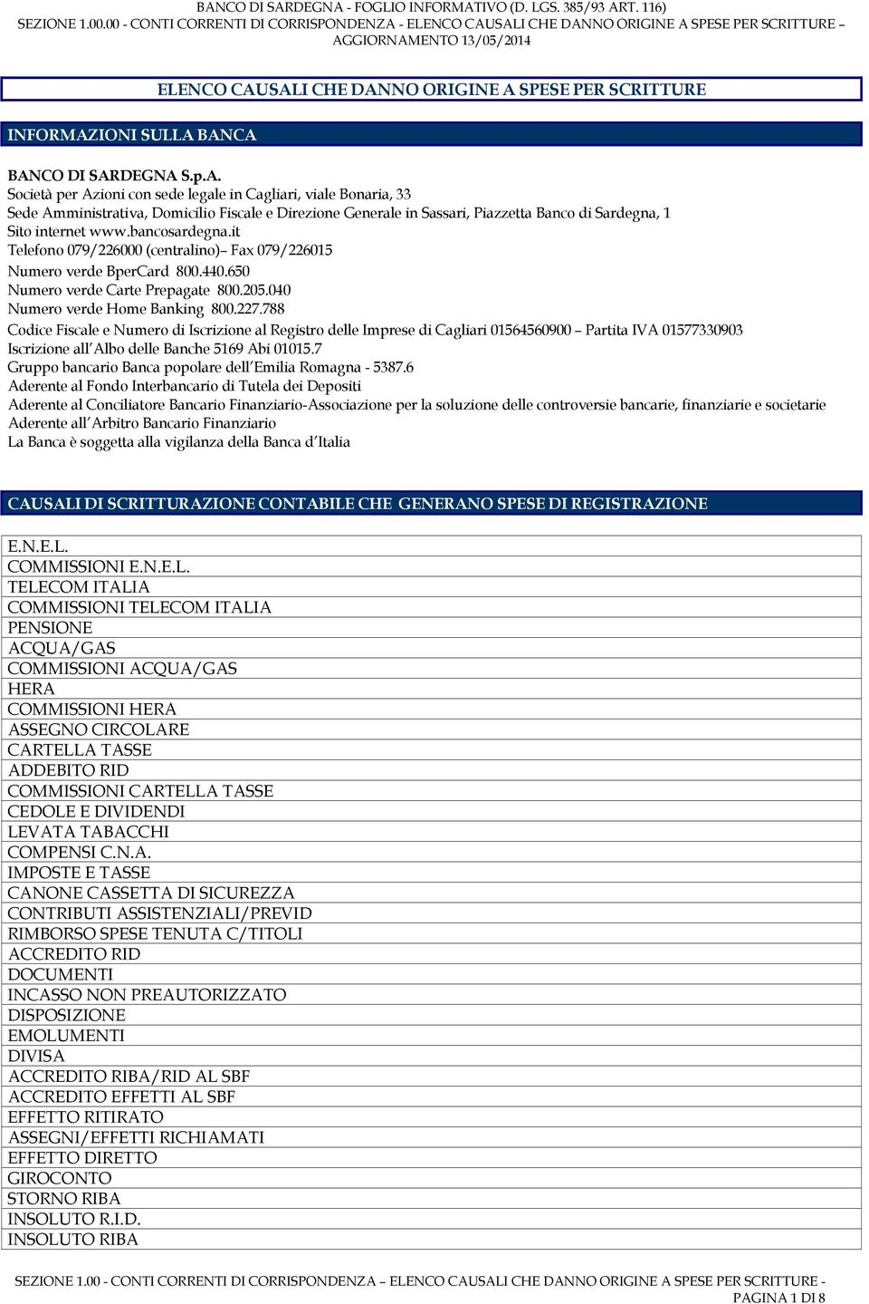 788 Codice Fiscale e Numero di Iscrizione al Registro delle Imprese di Cagliari 01564560900 Partita IVA 01577330903 Iscrizione all Albo delle Banche 5169 Abi 01015.