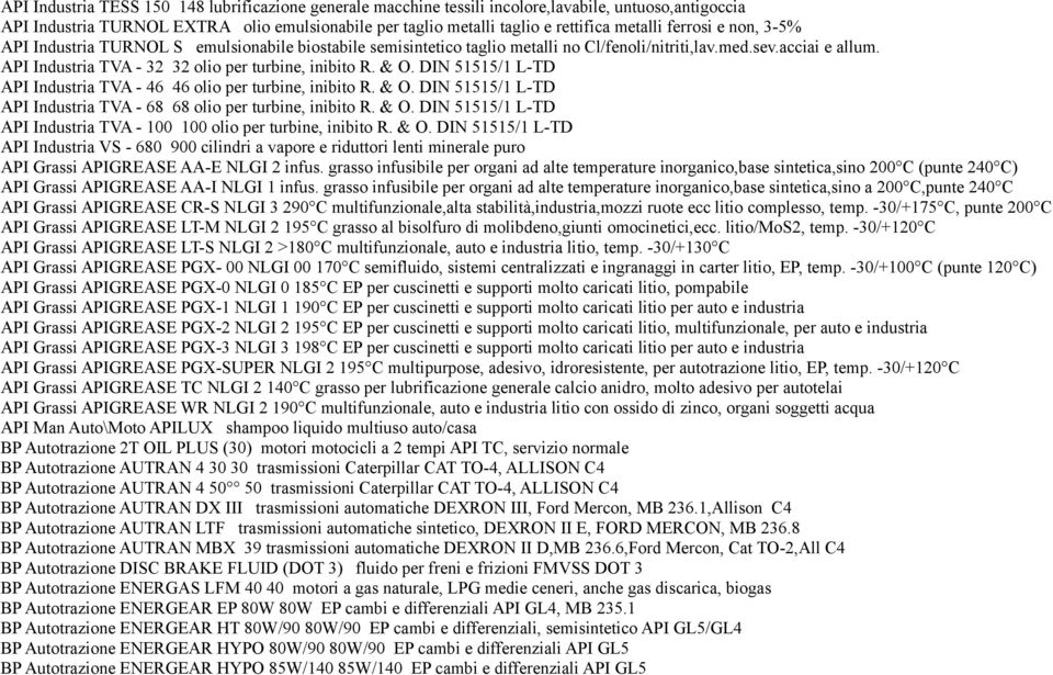 & O. DIN 51515/1 L-TD API Industria TVA - 46 46 olio per turbine, inibito R. & O. DIN 51515/1 L-TD API Industria TVA - 68 68 olio per turbine, inibito R. & O. DIN 51515/1 L-TD API Industria TVA - 100 100 olio per turbine, inibito R.