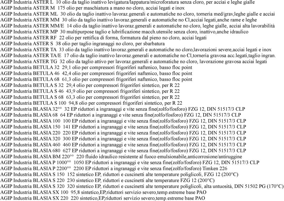 generali e automatiche no cloro, torneria med/grav,leghe gialle e acciai AGIP Industria ASTER MM 30 olio da taglio inattivo lavoraz.