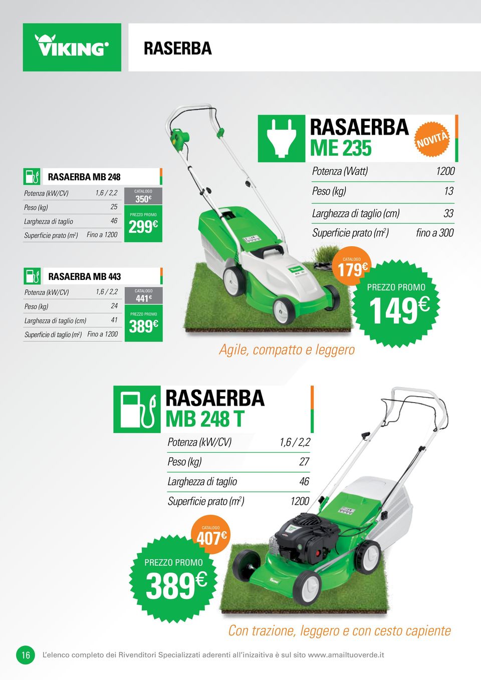 13 Larghezza di taglio (cm) 33 Superficie prato (m 2 ) fino a 300 149 NOVITÀ RASAERBA MB 248 T Potenza (kw/cv) 1,6 / 2,2 Peso (kg) 27 Larghezza di taglio 46 Superficie