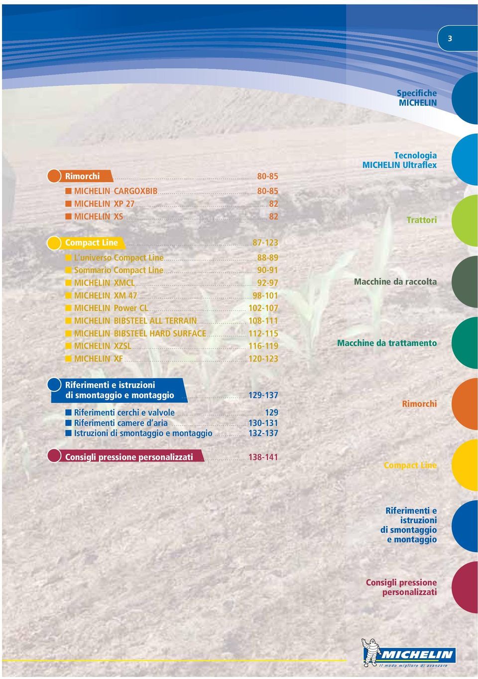 .. 112-115 MICHELIN XZSL... 116-119 MICHELIN XF... 120-123 Macchine da raccolta Macchine da trattamento Riferimenti e istruzioni di smontaggio e montaggio... 129-137 Riferimenti cerchi e valvole.