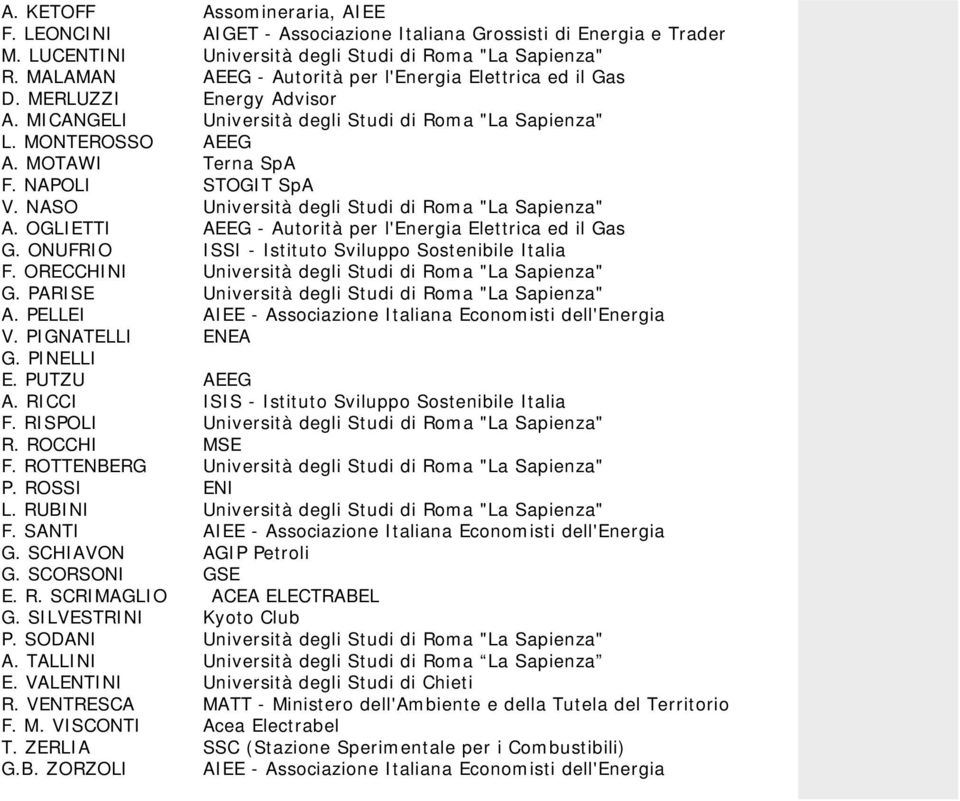 NAPOLI STOGIT SpA V. NASO Università degli Studi di Roma "La Sapienza" A. OGLIETTI AEEG - Autorità per l'energia Elettrica ed il Gas G. ONUFRIO ISSI - Istituto Sviluppo Sostenibile Italia F.