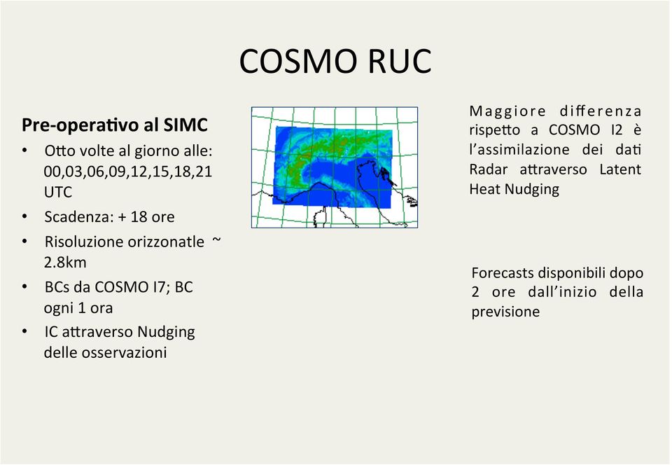 8km BCs da COSMO I7; BC ogni 1 ora IC arraverso Nudging delle osservazioni Maggiore