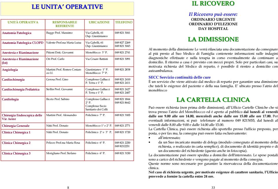 049 821 2741 Anestesia e Rianimazione (Ist) Angiologia Ori Prof. Carlo Via Cesare Battisti 049 821 3091 Martini Prof. Romeo Costanzo f.f. Giustinianeo 1 P. Monoblocco 7 P. Cardiochirurgia Gerosa Prof.