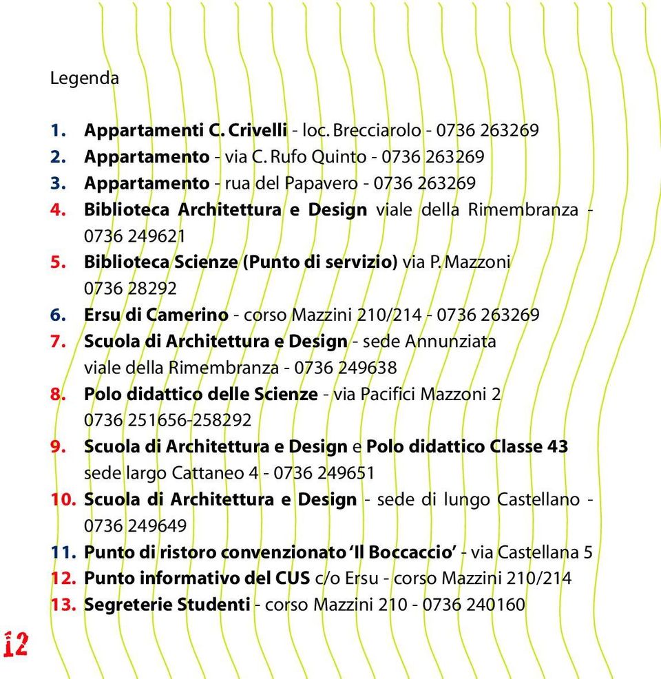 Scuola di Architettura e Design - sede Annunziata viale della Rimembranza - 0736 249638 8. Polo didattico delle Scienze - via Pacifici Mazzoni 2 0736 251656-258292 9.