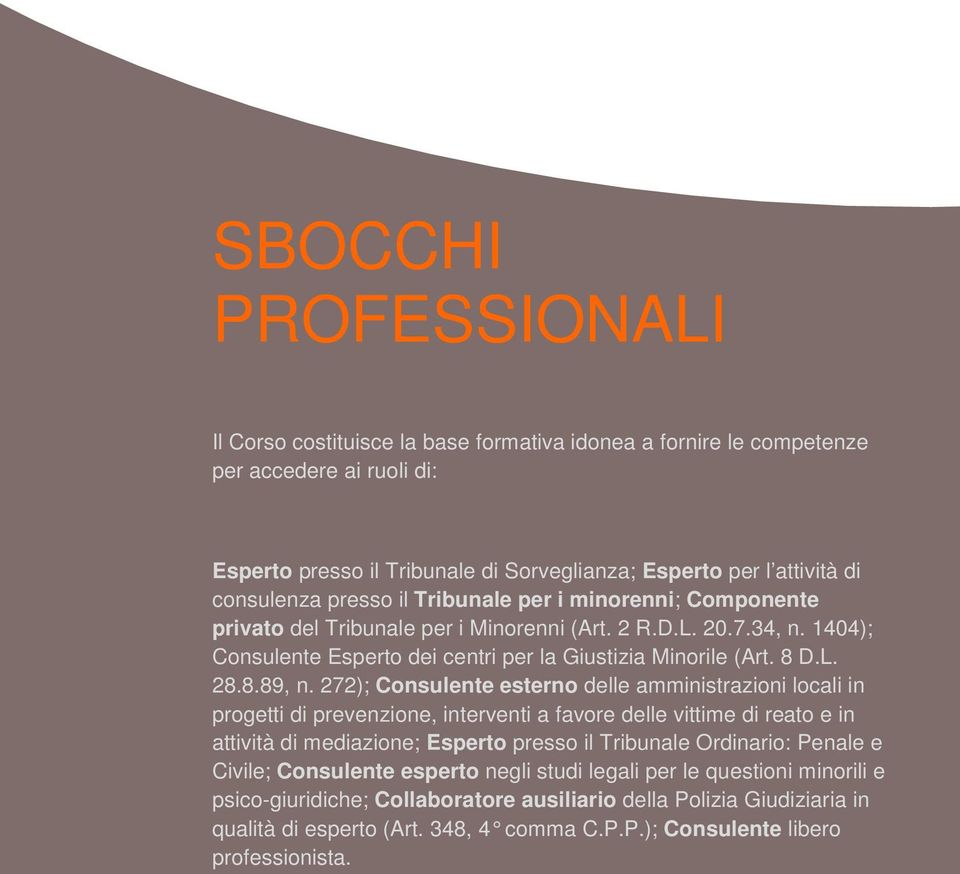 272); Consulente esterno delle amministrazioni locali in progetti di prevenzione, interventi a favore delle vittime di reato e in attività di mediazione; Esperto presso il Tribunale Ordinario: Penale